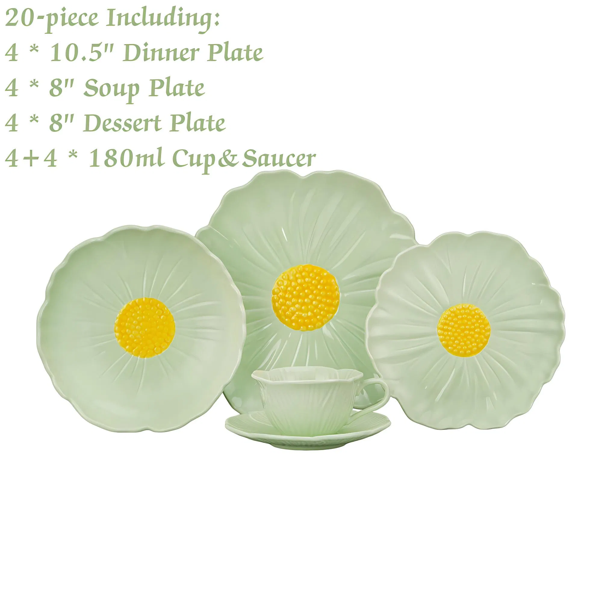 Conjunto de Louça de Cerâmica Luxuosa 20PCS Pratos de Porcelana em Forma de Flor com Xícara e Pires Verde Sálvia 3D Louça de Verão