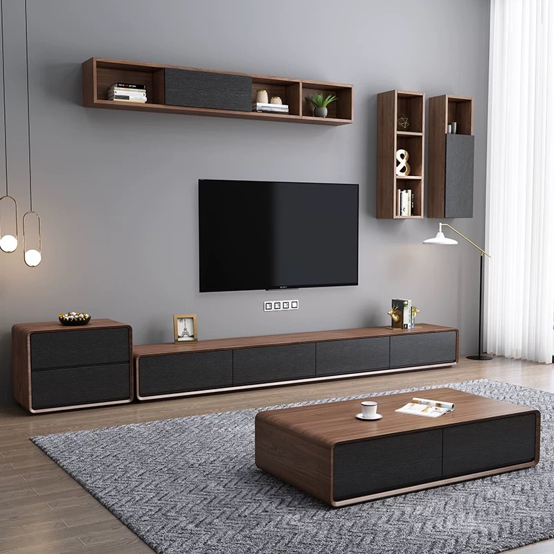 Preços de fábrica de melamina a granel, conjunto moderno de mesa de TV e mesa de café em madeira