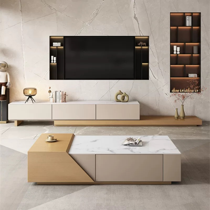 Preços de fábrica de melamina a granel, conjunto moderno de mesa de TV e mesa de café em madeira