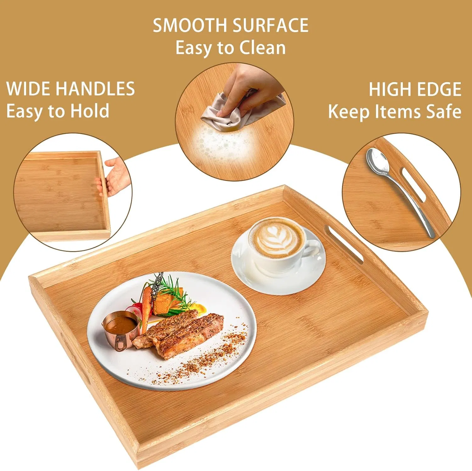 Bandeja de Bambu Multifuncional com Alças para Chá Café Mesa Cozinha Decorativa Cama