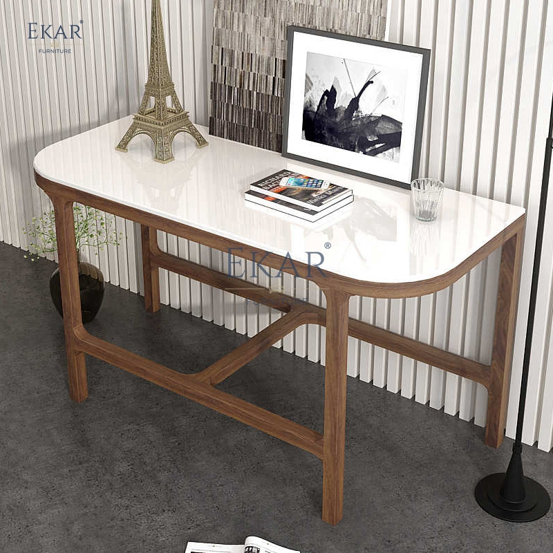 Mesa de Consola com Pé de Madeira e Topo de Mármore para Entrada Moderna ou Sala de Estar
