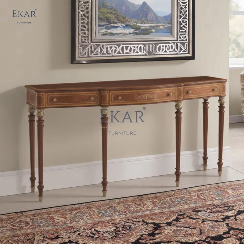 Mesa de Consola de Madeira Sólida Clássica para Entrada com Armazenamento e Design Intricado
