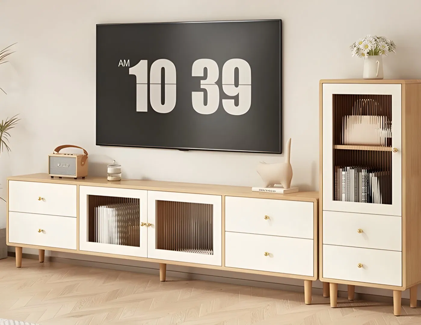 Aparador de TV Branco de Tamanho Pequeno com Portas de Vidro para Móveis de Apartamento