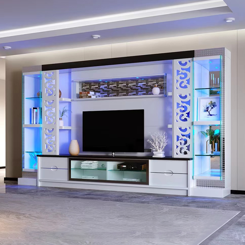 Armário de TV moderno de madeira montado na parede, móvel console para sala de estar, exibição em vidro, suporte para TV de madeira sólida