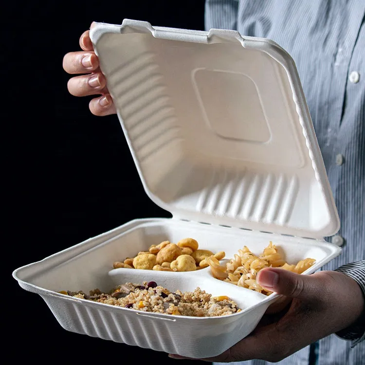 Recipiente de Alimentos de Pulpas de Cana-de-Açúcar Compartmentalizado Biodegradável Descartável Compostável 3 Utensílios de Mesa