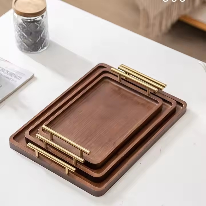 Bandeja de Madeira de Alta Qualidade com Alças de Metal Douradas para Cozinha, Mesa de Café, Jantar e Alimentos