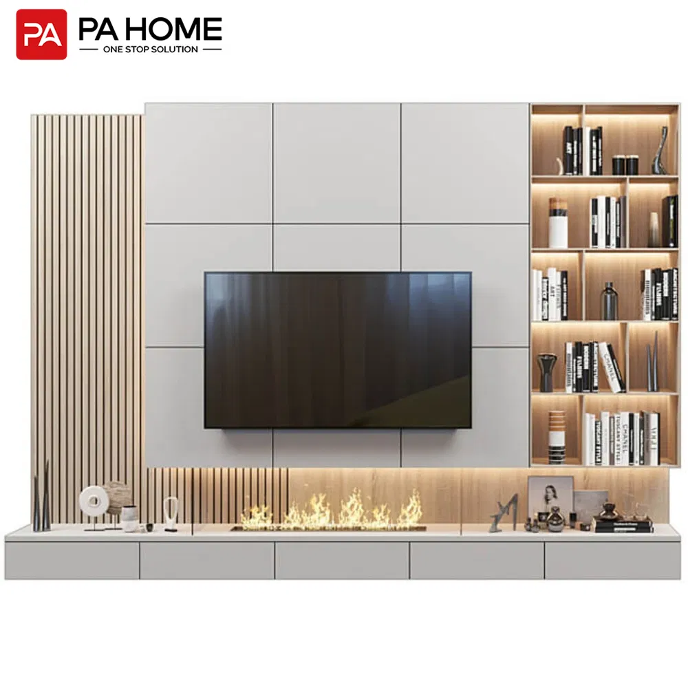 Móveis de Sala de Estar por Atacado com Topo de Mármore, Design Moderno em MDF, Lareira Elétrica de Vidro, Suporte para TV em Madeira