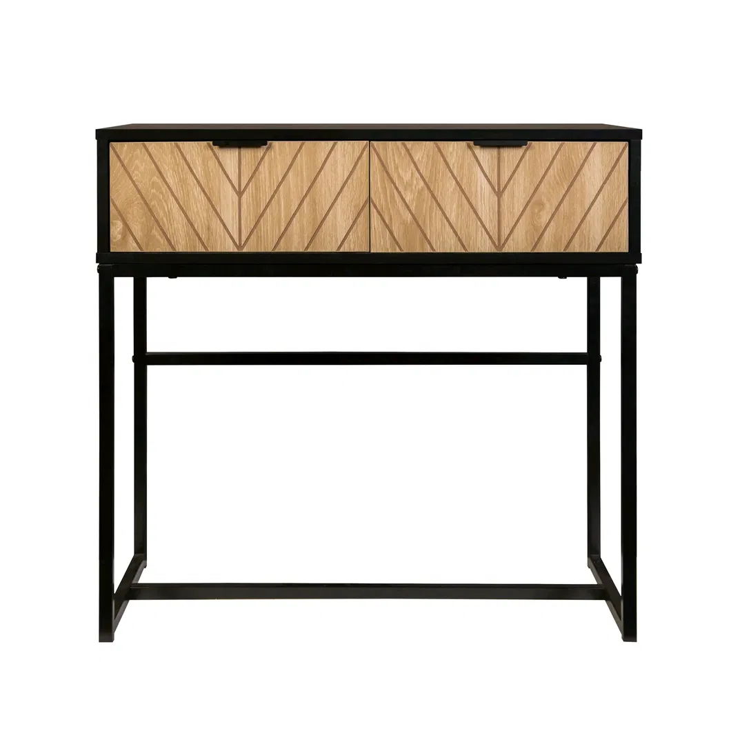 Mesa de Consola de Entrada Industrial Moderna com 2 Gavetas Aparência de Madeira Esculpida com Motivo Chevron em Metal