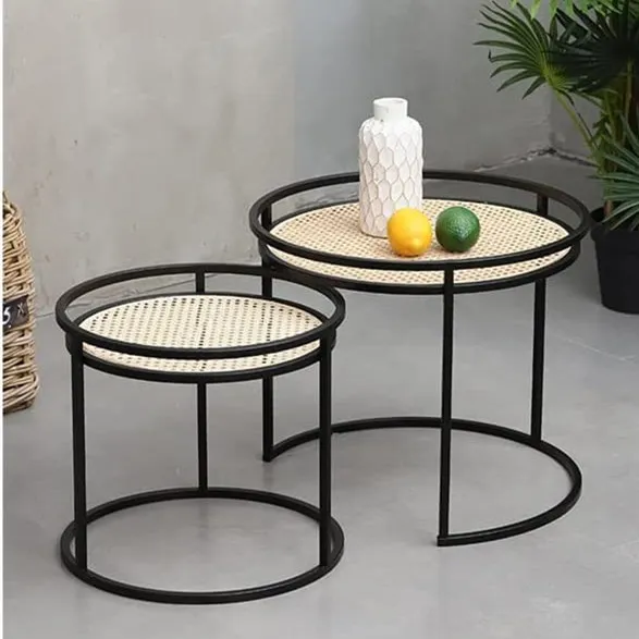 Mesa de Café Lateral Moderna de Metal Redonda com Rattan e Bambu Móveis para Casa Pequena Jardim Mesas de Chá Mesa de Cabeceira