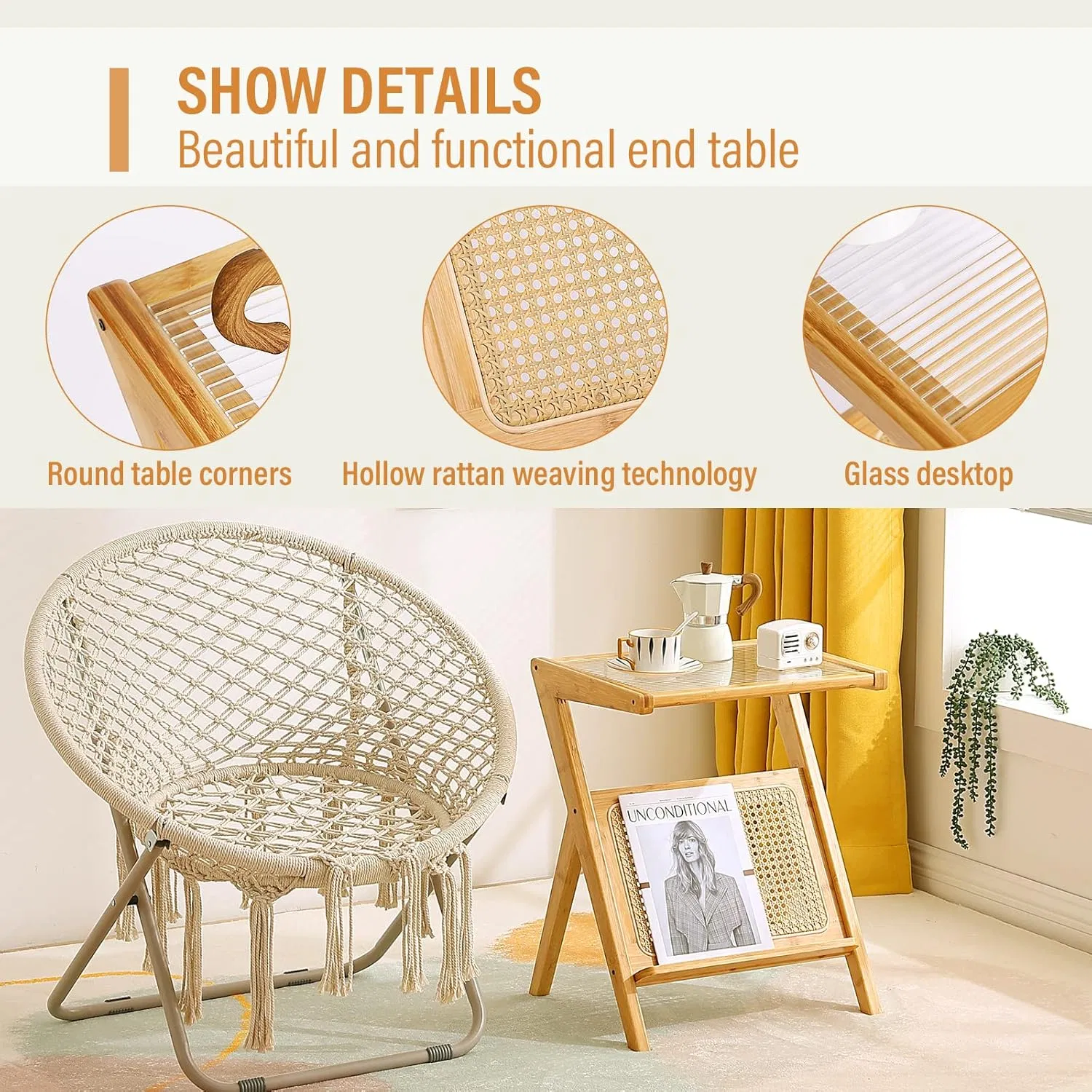 Mesa de cabeceira grande, mesa de armazenamento, mesa de café pequena, feitas de bambu para quarto e sala de estar