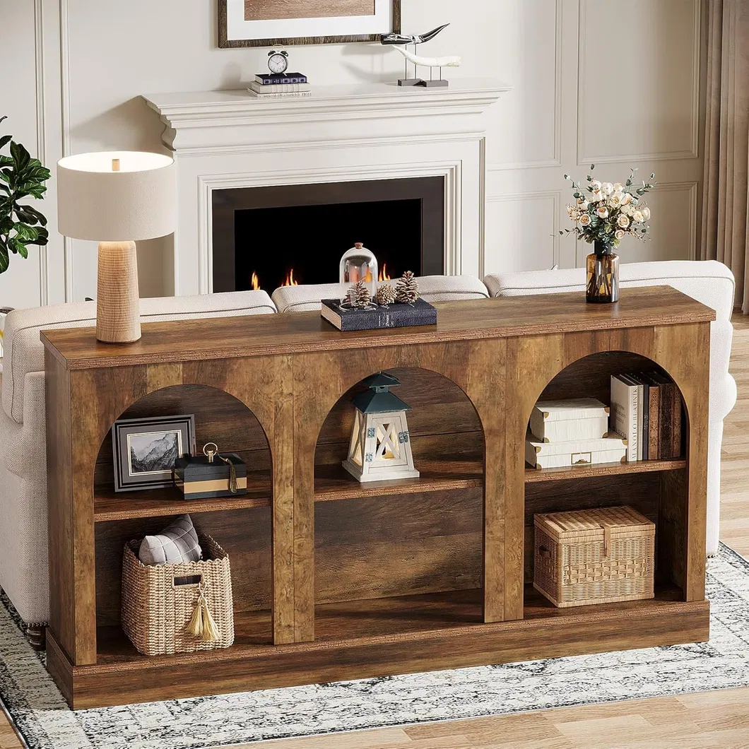 Mesa Console de Estilo Campestre, 63-Inch Mesa de Entrada Longa com 3-Tier Armazenamento