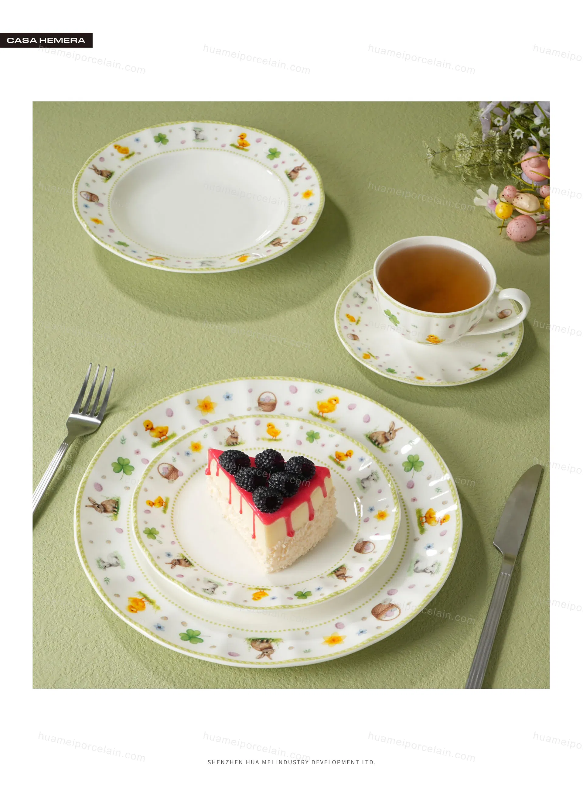 Conjunto de Louça de Porcelana de Luxo OEM ODM 20-Piece Conjunto de Pratos com Coelho da Páscoa Elegante com Xícara e Pires Conjunto de Louça de Primavera Pastel para Feriados