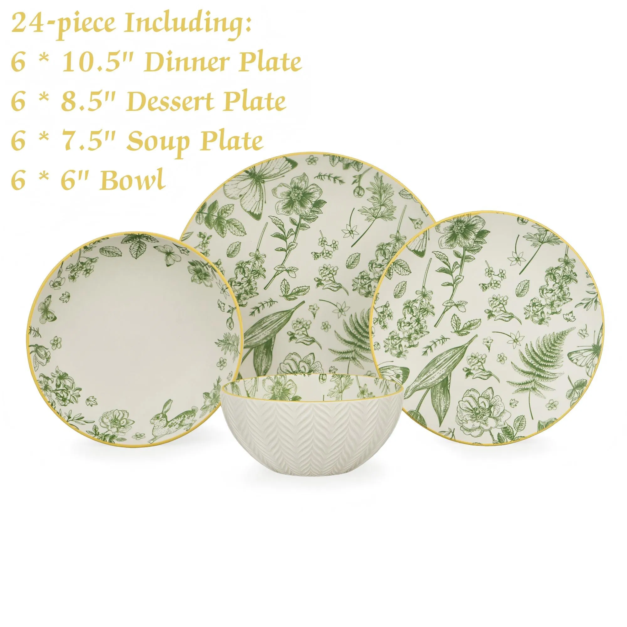 24PCS Conjunto de Louça de Cerâmica Elegante com Relevo de Folhas em Porcelana, Pratos e Tigelas em Verde Botânico com Impressão Floral em Pad para 6 Pessoas