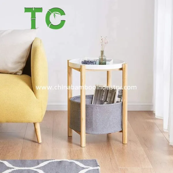 Mesa de Canto Redonda de Bambu Atacado com Cesta de Armazenamento Removível Mesa de Café Mesa Lateral Mesa de Sofá Mesa de Cama