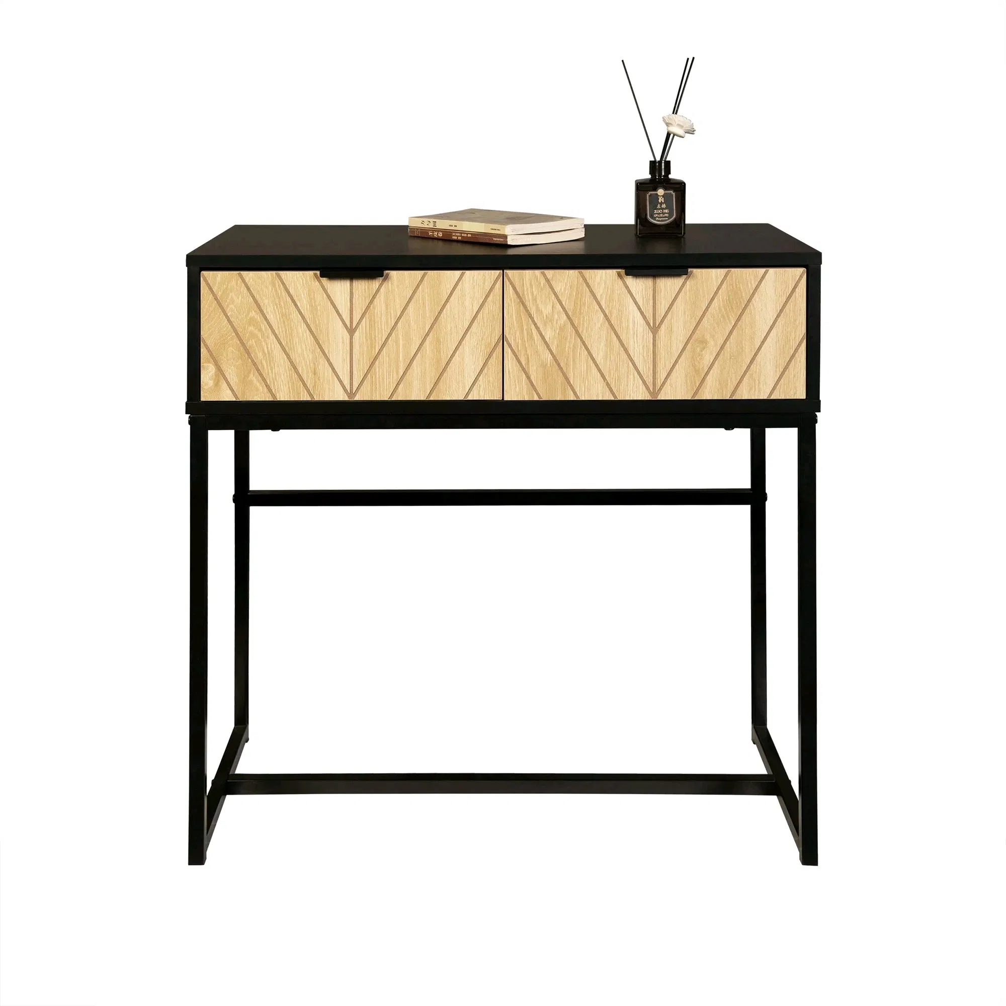 Mesa de Consola de Entrada Industrial Moderna com 2 Gavetas Aparência de Madeira Esculpida com Motivo Chevron em Metal