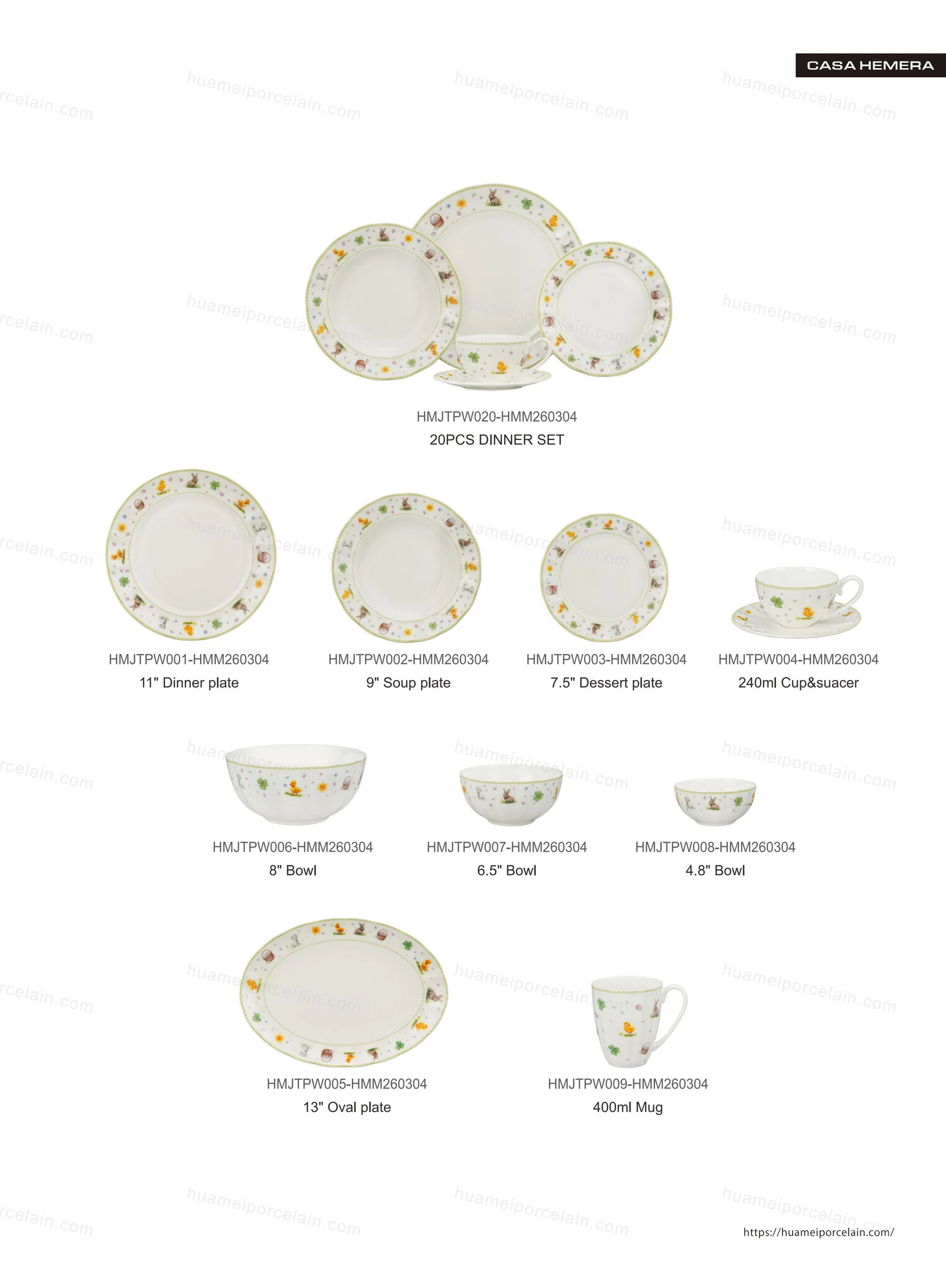 Conjunto de Louça de Porcelana de Luxo OEM ODM 20-Piece Conjunto de Pratos com Coelho da Páscoa Elegante com Xícara e Pires Conjunto de Louça de Primavera Pastel para Feriados