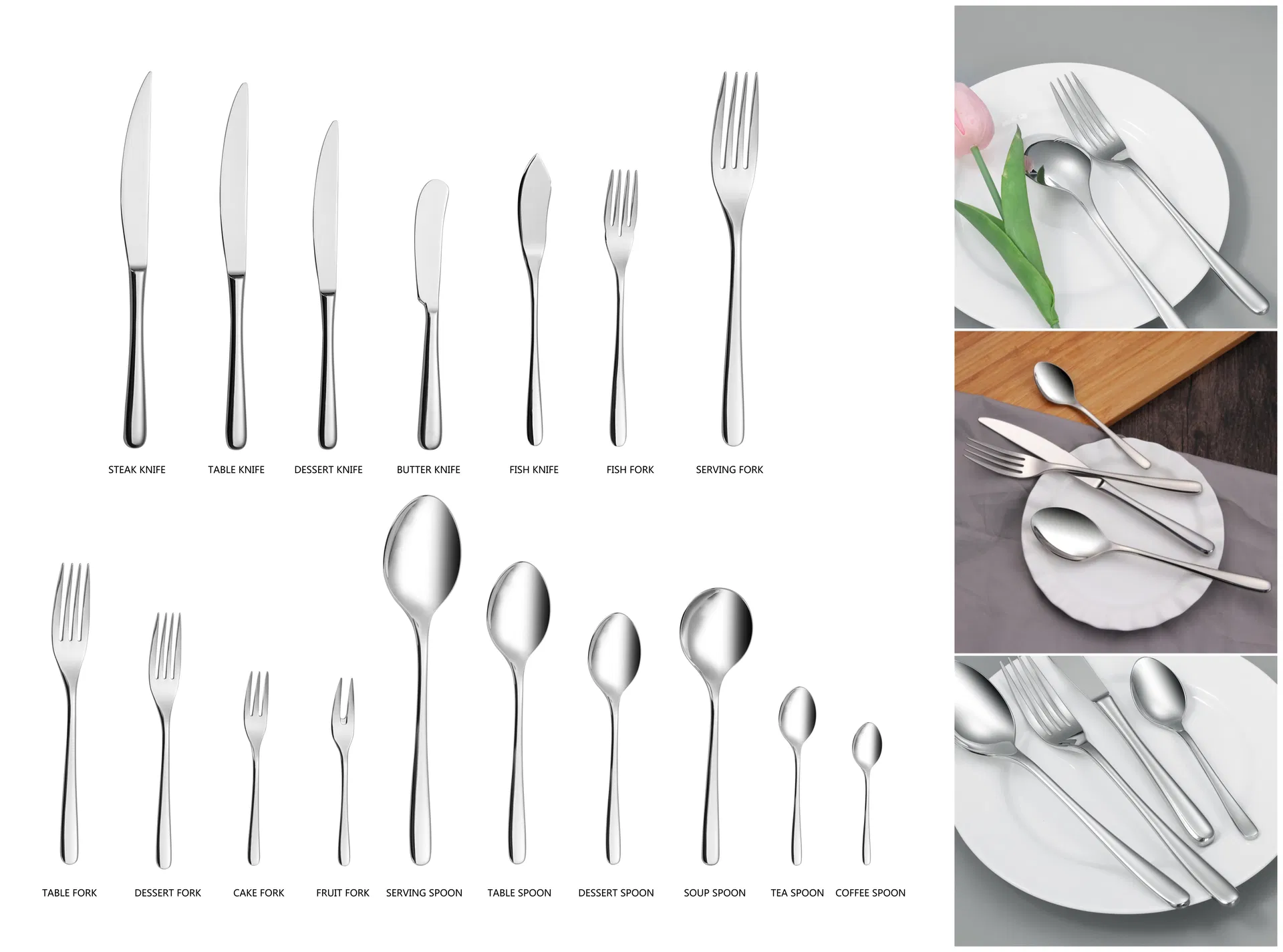 Conjunto de Talheres de Aço Inoxidável Moderno 18/10 com Acabamento Espelhado e Cabo Quadrado para Mesa