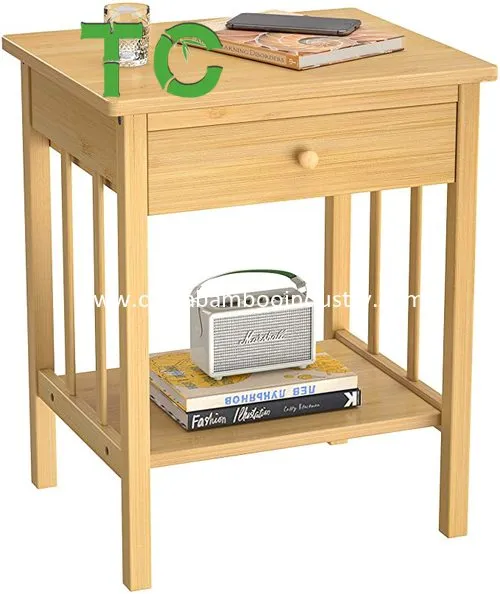 Mesa de Cabeceira de Bambu a Preço de Fábrica, Mesa Lateral com Gaveta e Prateleira Organizadora