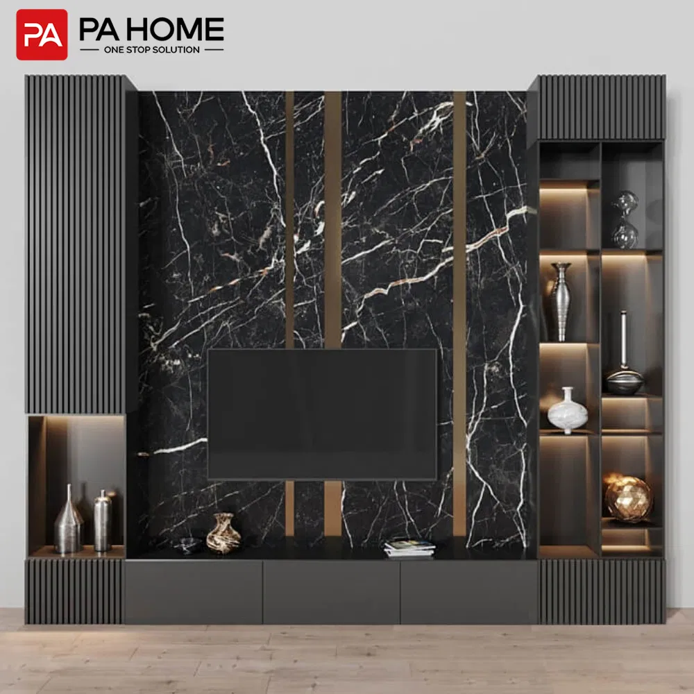 Móveis de Sala de Estar por Atacado com Topo de Mármore, Design Moderno em MDF, Lareira Elétrica de Vidro, Suporte para TV em Madeira