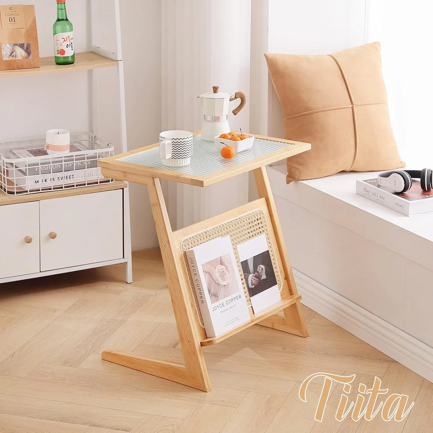 Mesa lateral de sofá para sala de estar feita de bambu, mesa de cabeceira para quarto, mesa de café pequena tecida em rattan japonês