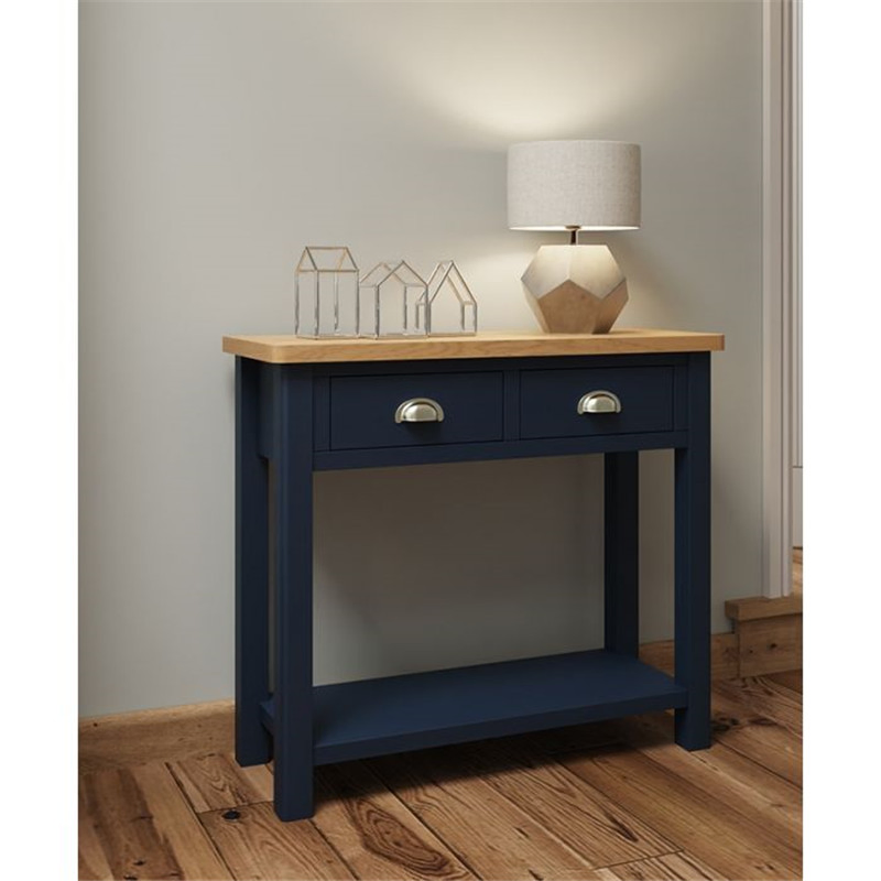 Mesa de Consola de Madeira Pintada Azul para Corredor com Entrada Estreita, Tampo de Carvalho, com 2 Gavetas de Armazenamento e Prateleira