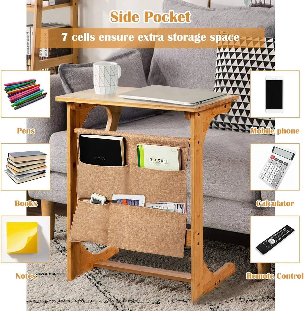 Mesa Lateral de Sofá C em Bambu Multifuncional para Quarto