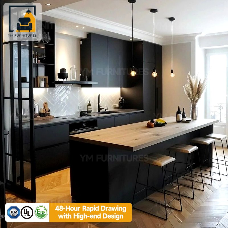 Armário de Cozinha Modular em Madeira de Luxo com Bancada de Mármore Preto para Armazenamento