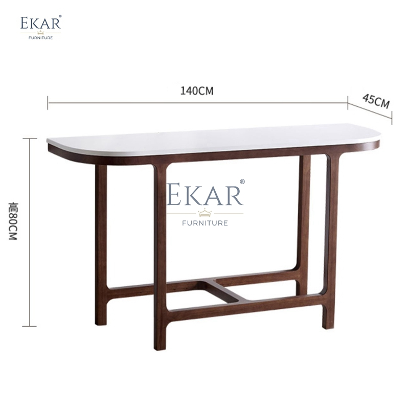Mesa de Consola com Pé de Madeira e Topo de Mármore para Entrada Moderna ou Sala de Estar