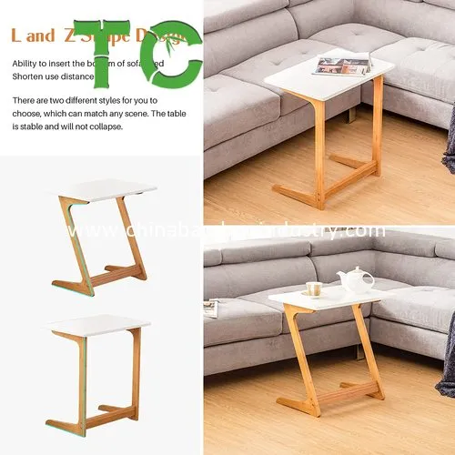 Mesa de bandeja de bambu por atacado, mesa de sofá, mesa lateral de sofá, mesa de laptop, mesa de lanche, mesa lateral de cama moderna para móveis de escritório em casa, formato L
