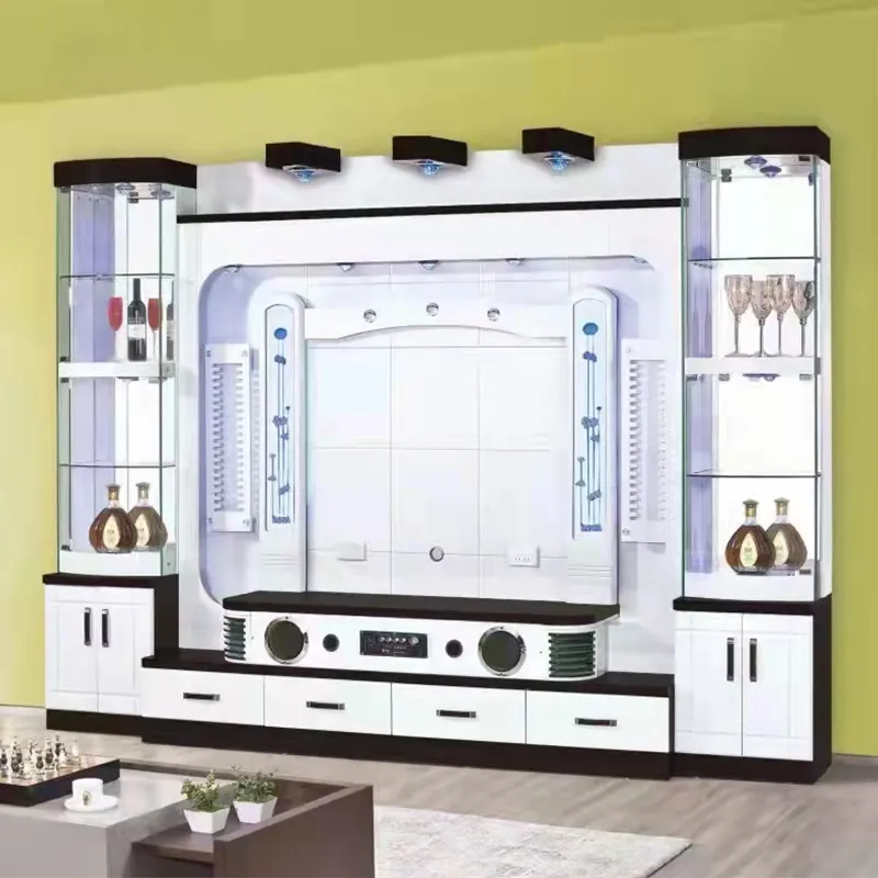 Armário de TV moderno de madeira montado na parede, móvel console para sala de estar, exibição em vidro, suporte para TV de madeira sólida