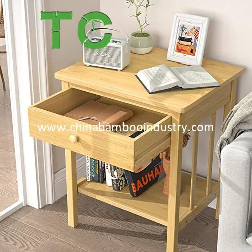 Mesa de Cabeceira de Bambu a Preço de Fábrica, Mesa Lateral com Gaveta e Prateleira Organizadora