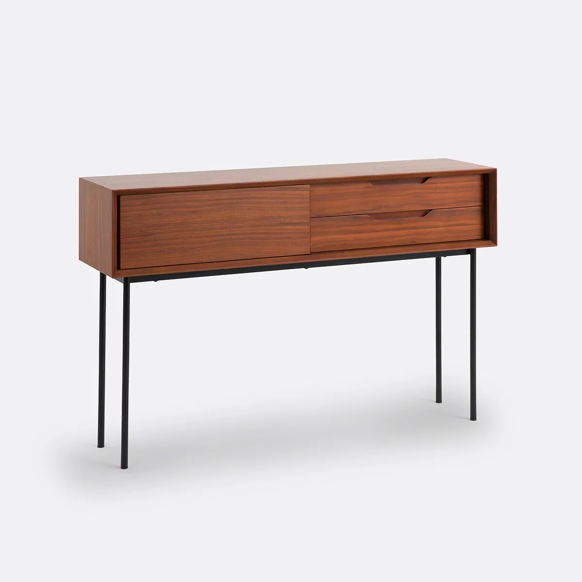 Mesa de Consola Sólida de Madeira Estilo Meio Século com Gavetas e Pernas de Metal para Entrada
