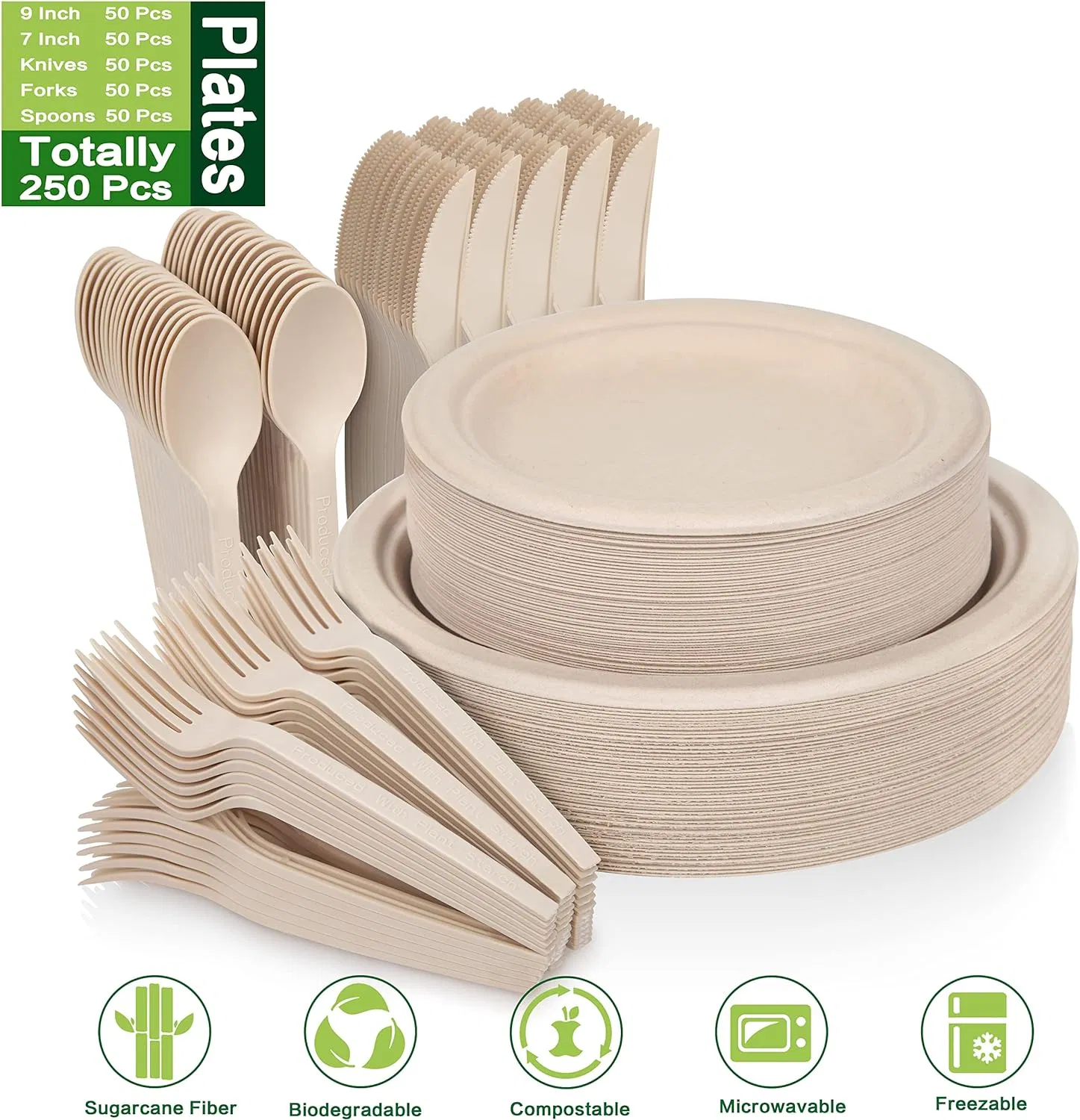 Conjunto de Louça Descartável de Bagasse de Bambu Ecológico por Atacado Fornecedor de Utensílios Biodegradáveis