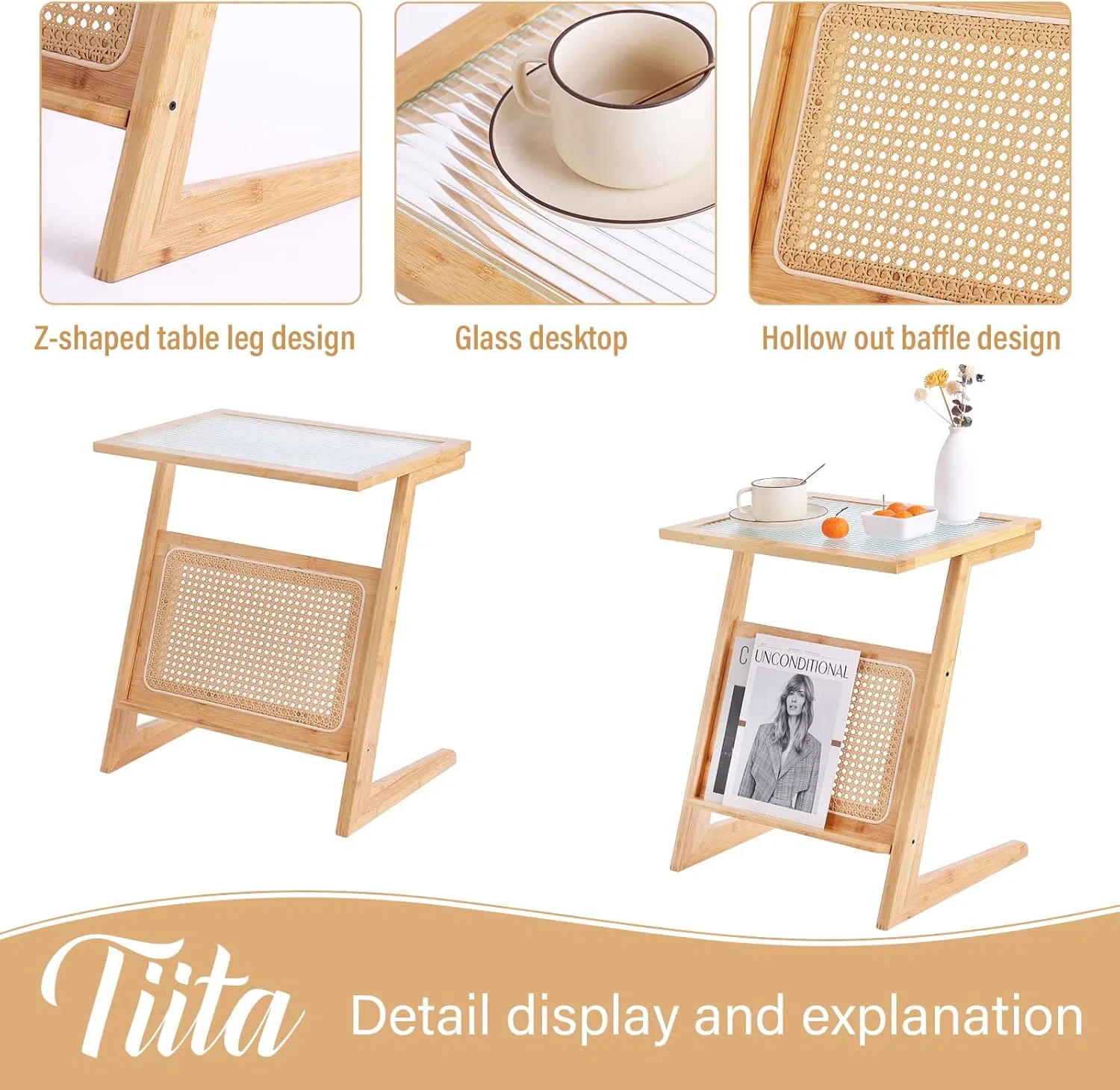 Mesa lateral de sofá para sala de estar feita de bambu, mesa de cabeceira para quarto, mesa de café pequena tecida em rattan japonês