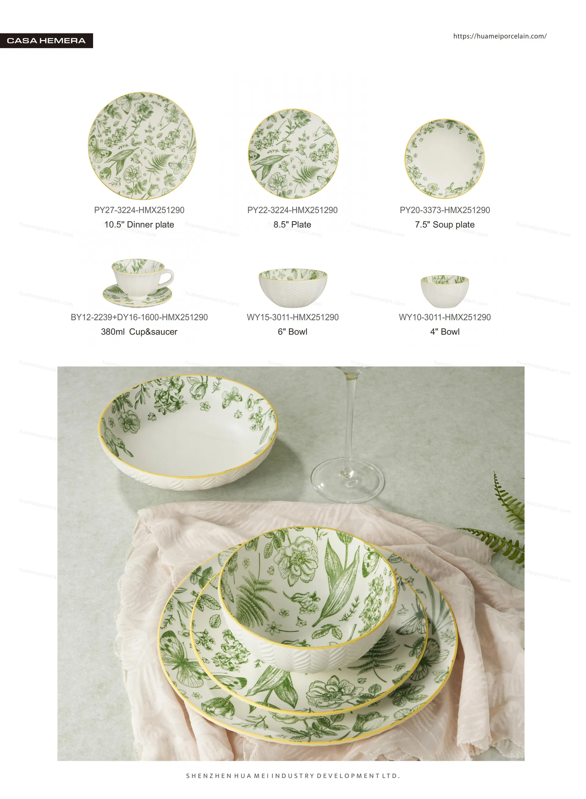 24PCS Conjunto de Louça de Cerâmica Elegante com Relevo de Folhas em Porcelana, Pratos e Tigelas em Verde Botânico com Impressão Floral em Pad para 6 Pessoas