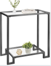 Mesa de Console Moderna 2-Layer Montagem Fácil Vidro Temperado e Madeira com Mármore para Hall de Entrada ou Prateleira de Sofá na Sala de Estar