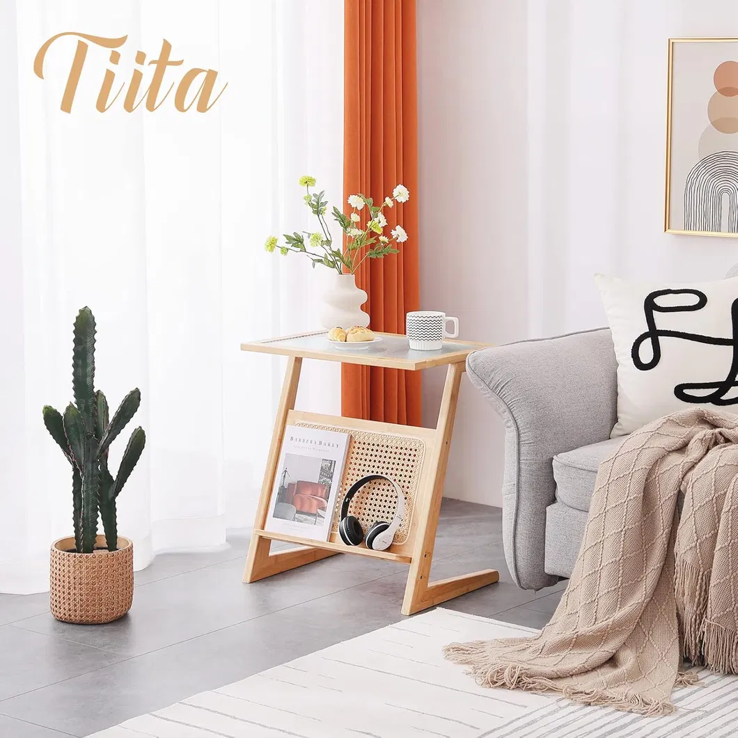 Mesa lateral de sofá para sala de estar feita de bambu, mesa de cabeceira para quarto, mesa de café pequena tecida em rattan japonês
