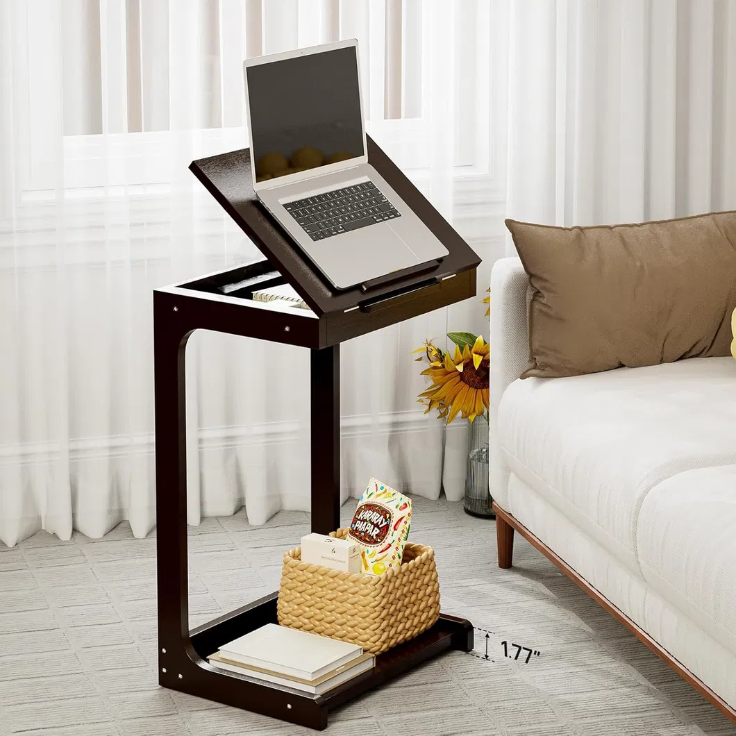 Mesa de cabeceira pequena em forma de C, marrom, de bambu para quarto