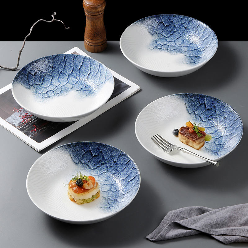 8"Coup Prato de Sopa Azul com Decalques Impressão em Pad Porcelana Cerâmica Utensílios de Mesa Utensílios de Cozinha