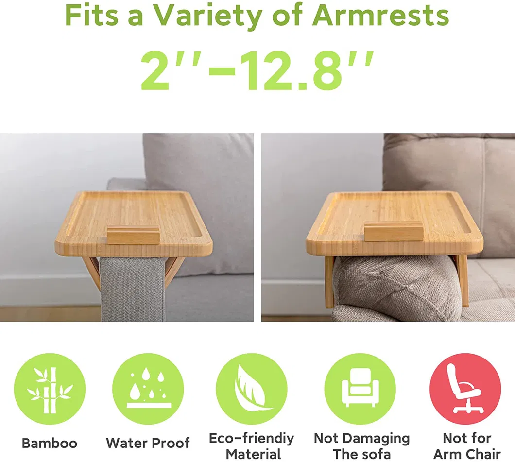 Mesa de bandeja de bambu para sofá, mesa lateral para sofás largos, bandeja dobrável para sofá com suporte rotativo para telefone, mesa de apoio para comer, bebidas e lanches
