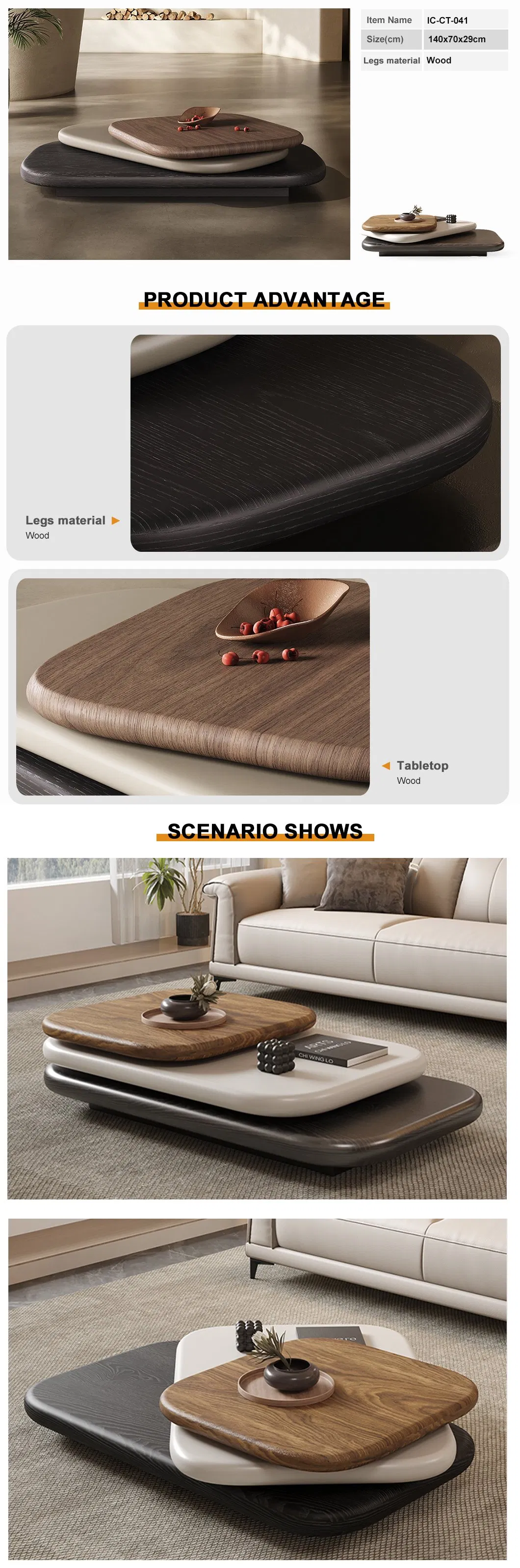 Mesa de café e chá em madeira com design moderno de forma de seixo, três camadas rotativas, móvel de sala de estar rotativo de luxo