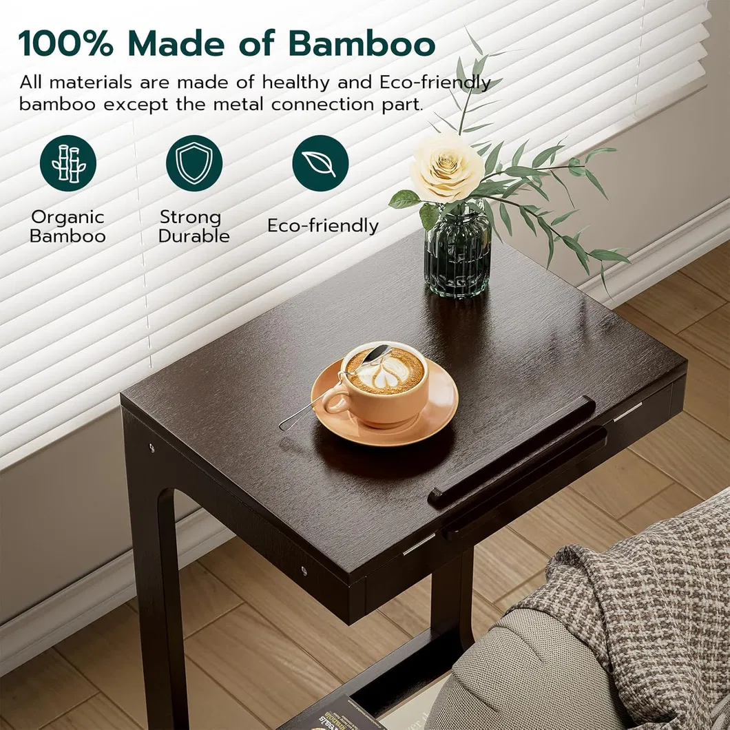 Mesa de cabeceira pequena em forma de C, marrom, de bambu para quarto