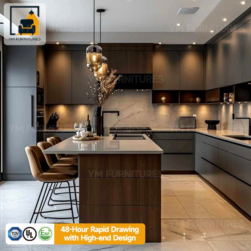 Armário de Cozinha Modular em Madeira de Luxo com Bancada de Mármore Preto para Armazenamento