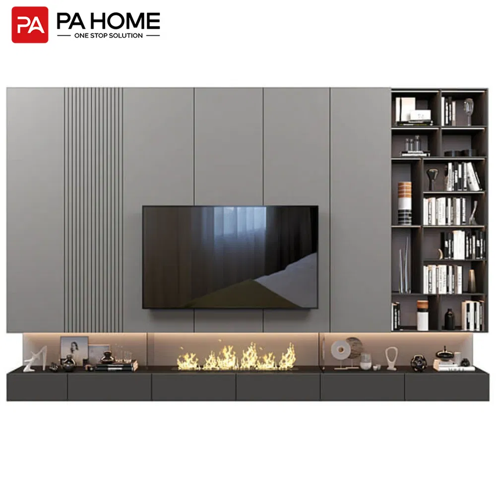 Móveis de Sala de Estar por Atacado com Topo de Mármore, Design Moderno em MDF, Lareira Elétrica de Vidro, Suporte para TV em Madeira