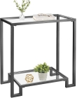 Mesa de Console Moderna 2-Layer Montagem Fácil Vidro Temperado e Madeira com Mármore para Hall de Entrada ou Prateleira de Sofá na Sala de Estar