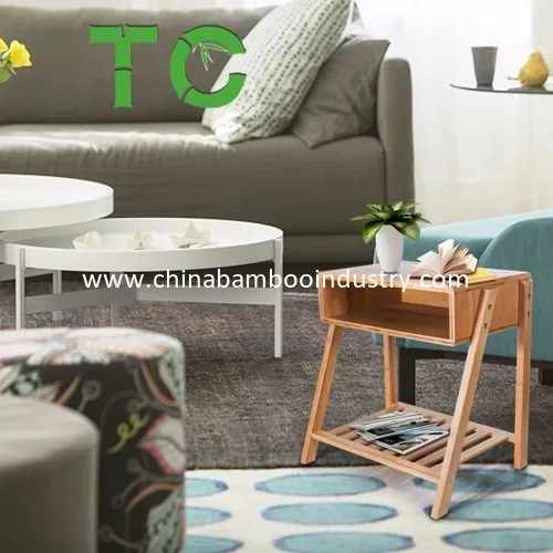 Mesa Lateral de Bambu Natural com Armazenamento Aberto e Prateleira