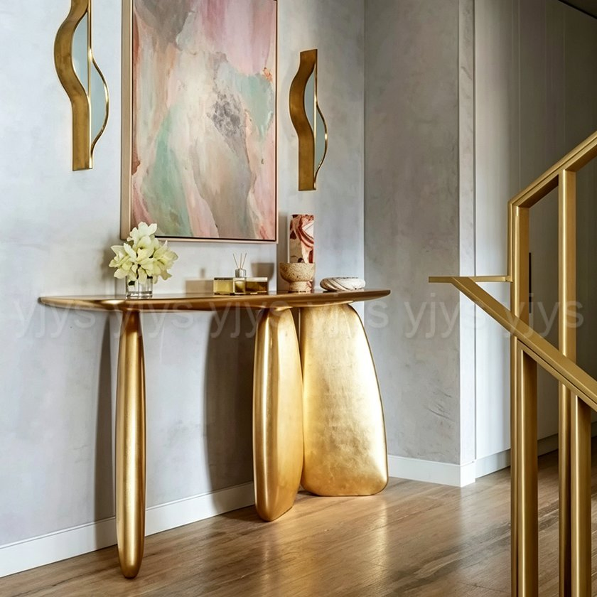 Mesa de Consola em Folha de Ouro de Designer Italiano, Mesa de Acento Moderna em Madeira Sólida para Entrada, Mesa de Luxo para Hall de Entrada