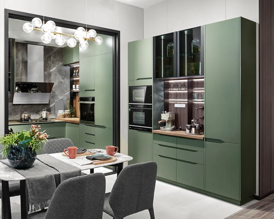 Móveis de casa elegantes e sofisticados em verde Matsuba, armário em L de madeira com armazenamento, hutch moderno em estilo americano, armários de cozinha em kit