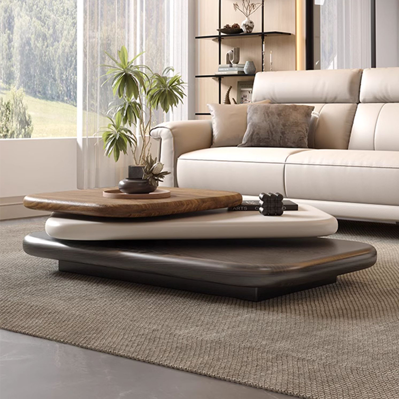 Mesa de café e chá em madeira com design moderno de forma de seixo, três camadas rotativas, móvel de sala de estar rotativo de luxo