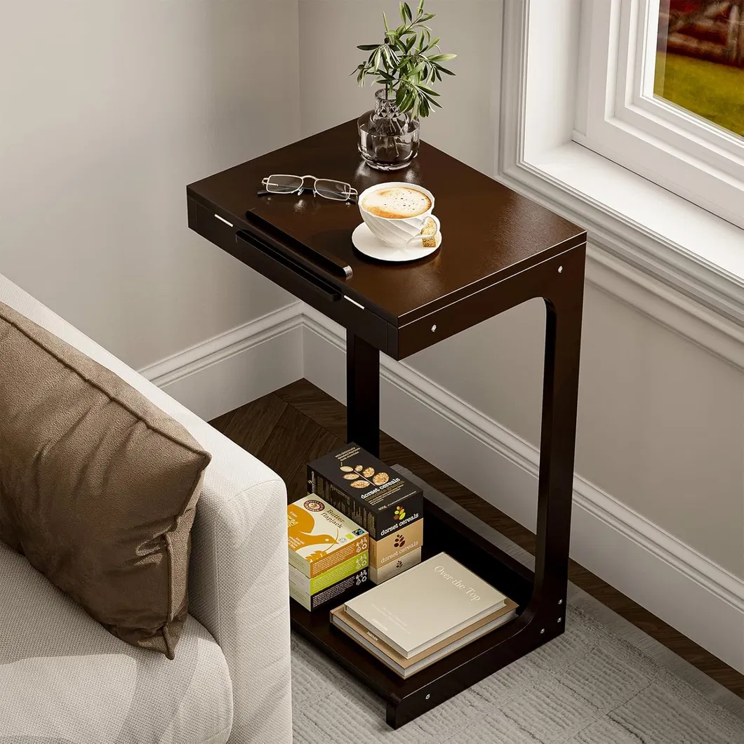 Mesa de cabeceira pequena em forma de C, marrom, de bambu para quarto